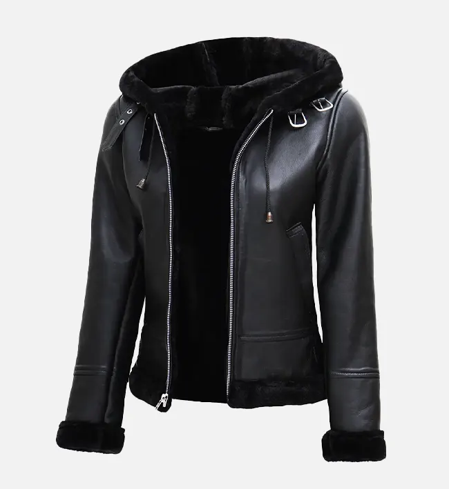 Black Leather Hooded Shearling Jacket - Image 4