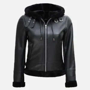Black Leather Hooded Shearling Jacket