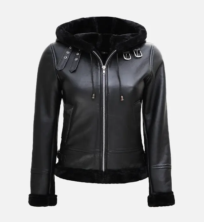 Black Leather Hooded Shearling Jacket