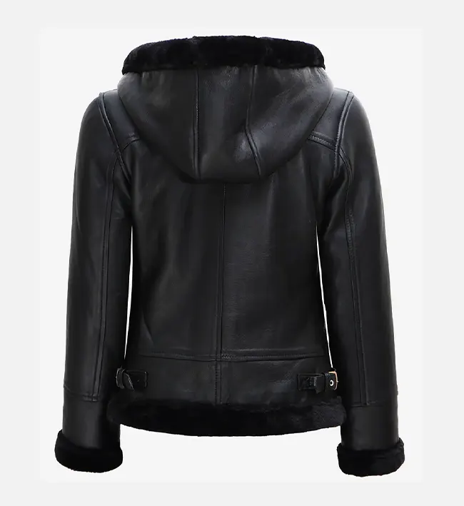 Black Leather Hooded Shearling Jacket - Image 2