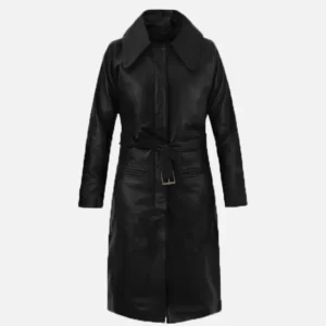 Black Belted Leather Long Coat