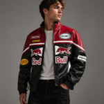 Red Bull Racing Style Faux Leather Moto Jacket – Premium Streetwear Zip-Up Biker Coat