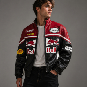 Red Bull Racing Style Faux Leather Moto Jacket – Premium Streetwear Zip-Up Biker Coat